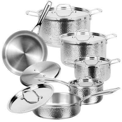 China 12 Pcs Sustainable Kitchenware Cooking Pots And Pans Triple Stainless Steel Cookware Set With Hammer Design for sale