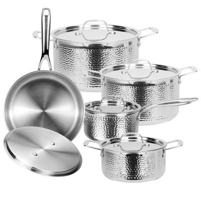 China Factory price sustainable kitchenware cookware triple hammered non set to stick stainless steel pots and pans cookware for sale