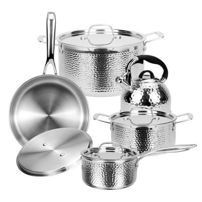 China Viable Triple Hammered Cooking Pots 10Pcs Stick Cookware Set Kitchen Non Square With Whistling Kettle for sale