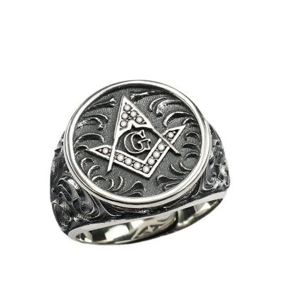 China CLASSIC 925 Sterling Silver Men's Ring Antique Color Vintage Punk Freemason Masonic Adjustable Ring for sale