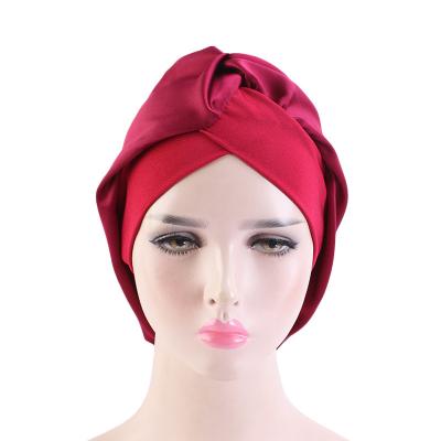 China Comfy Satin Hoods With Band Women Printed Night Sleep Hat Silk Head Cover Hairwrap Hat Elastic Turban Hat for sale