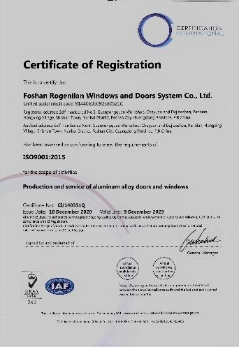 ISO9001 - Foshan Rogenilan Windows And Doors