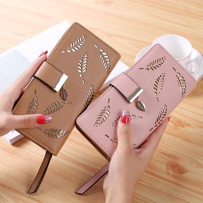 China Waterproof Long Fashion Luxury Hollowing Leaf Wallet Decorative Zipper Ladies Leather Wallet for sale