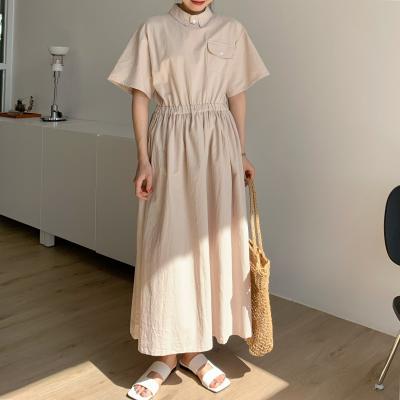 China Breathable Women Turn Down Elastic Pocket Front Long Cotton Linen Dress Waist Collar Short Sleeve Dress for sale