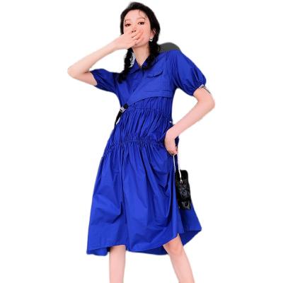 China Breathable S To L Women Fashion Puff Sleeve Designer Pleated Long Blue Summer Dress for sale