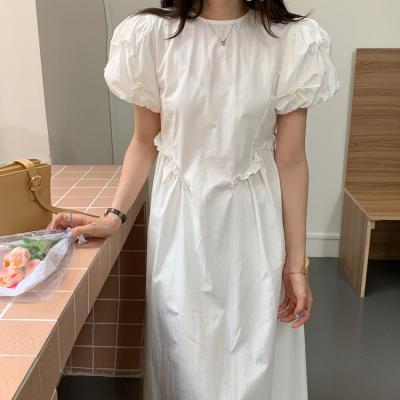 China Breathable Pearls Beaded Bow Knot Puff Long Sleeve Vintage Dress for sale