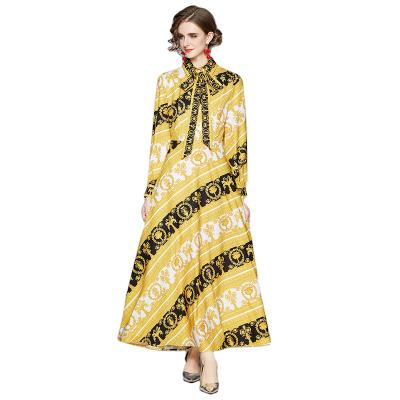 China Anti-Static Women Fashion Big Swing Long Sleeve Print Maxi Dress Yellow for sale