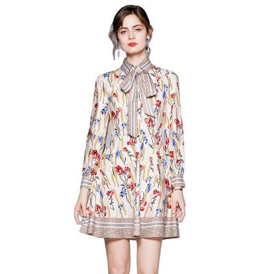 China Anti-Static Women Fashion Belt Waist Long Sleeve Above Knee Length Print Shirt Dress for sale