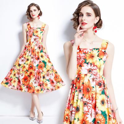 China Breathable Women Summer Square Collar Bright Floral Print Sleeveless Tank Dress for sale