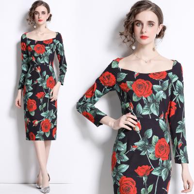 China Charming Breathable Large Square Collar Long Sleeve Roses Flower Print Fancy Midi Dress for sale