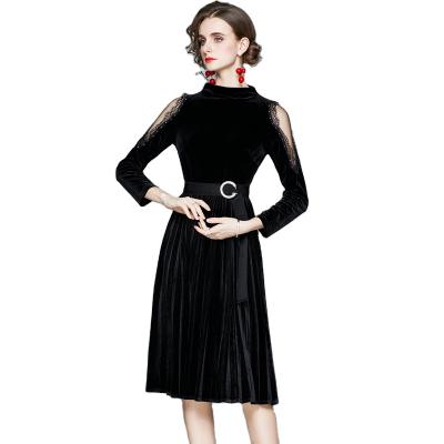 China Autumn and winter long sleeve women's anti-static stand collar fashion black velvet Hepburn Velvet Dress for sale