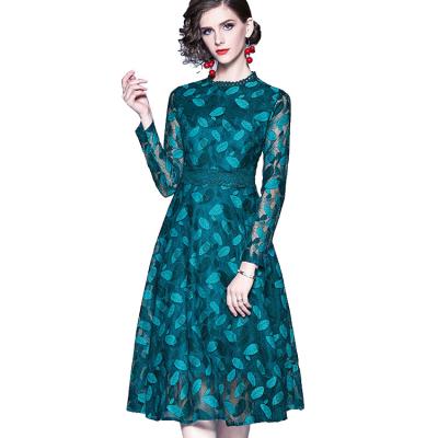 China Anti-static Wholesale European And American Leaves Pattern Big Swing Midi Lace Dress for sale