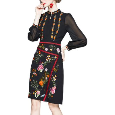 China Anti-static European and American women fashion elegant embroidery floral sheath dress for Lady for sale