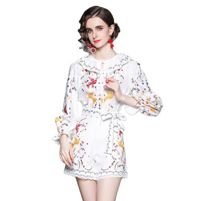 China Anti-Static Soft Women Women Fashion Lace Patchwork Ruffle Collar Shirt And Floral Print Shorts for sale