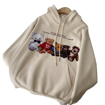 China Anti-wrinkle Cartoon Bears Print Front Pockets Over Size Women Hooded Sweatshirt for sale