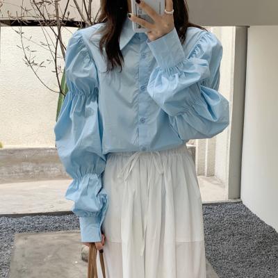 China Women Anti Shrink Fashion Lantern Sleeve Turn Down Collar Long Sleeve Button Shirt for sale