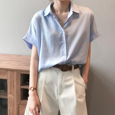 China Anti Shrink Casual Women Fashion Short Sleeve Solid Color Tencel Linen Shirt for sale