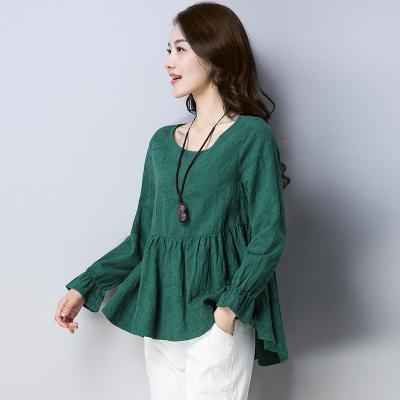 China Breathable 3 Colors M Women XXL Big O Neck Long Sleeve Fashion Pleated Loose Linen Blouse for sale