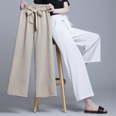 China QUICK DRY Bow knot tie bubbling waist solid color summer ice silk cotton and long wide leg canvas pants for women for sale