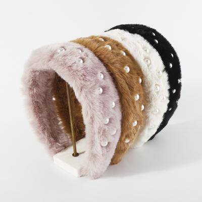 China Friendly Material Winter Warm Plush Headband Mink Hair Pearl Head Bands  Women Flat Wide Hair Accessories Fashion Headwear for sale