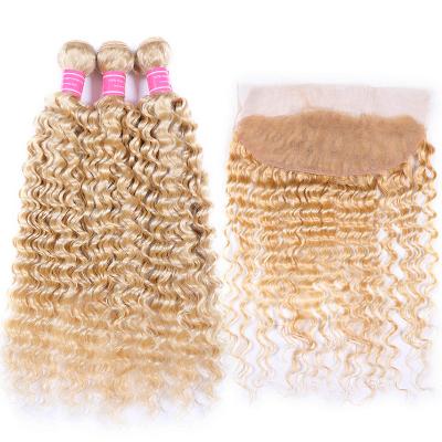 China Brazilian Hair 613 100% Virgin Hair Honey Blonde Bundles Deep Wave Bundles With Closure 12A Water Wave Blonde Bundles With Lace Headband for sale