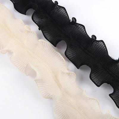 China Workable White Black Pleated Chiffon Lace Ruffle Trim Ribbon For Dress Collar Applique Sewing DIY Crafts for sale