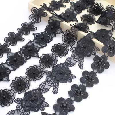 China 1yards Viable Handmade Garment Materials Handmade Flower Embroidery Lace Trim Applique Fabric Black Ribbons N0703 for sale