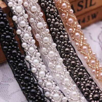 China Workable Trim Beaded Ribbon 10mm Elegant Decorative Lace Pearl Ribbons For Dress Garment Sewing Collar for sale