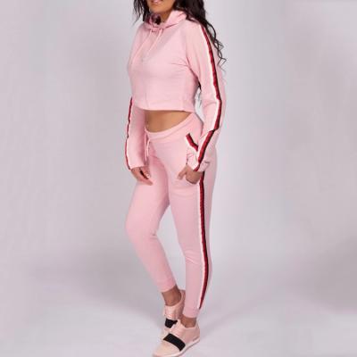 China OEM Design Cotton Polyester Sports Tracksuit Women 3 Stripe Antibacterial Pink Knitted Tracksuit for sale