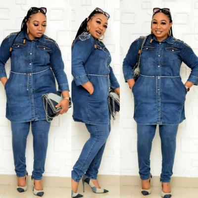 China Breathable In Stock African Women Outfit Beaded And Washed Denim Shirt Jacket Pants Two Piece Suit Women for sale