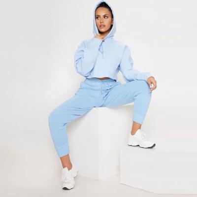 China Antibacterial Yoga Training Wear Baby Blue Cropped Sweatsuit 100% Cotton Women Custom Tracksuit for sale