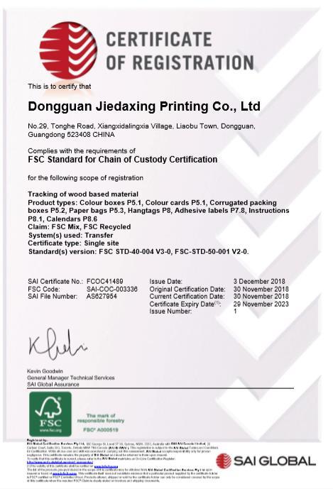 FSC - Dongguan Jiedaxing Printing Co., Ltd.