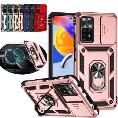 China Finger Ring Holder Sliding Lens Protection Armor Magnetic Car Mount Kickstand Shockproof Case For Redmi Note 8 9 10 11 Pro Max Note 11S 11E for sale