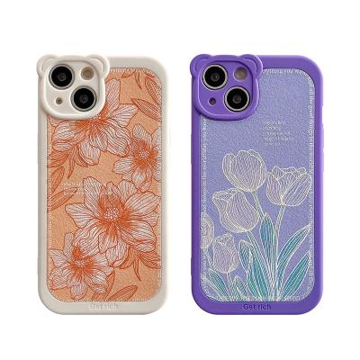 China Cute Little Bear Camera Lens Protector Shockproof Relief Tulips Flower Phone Case Cover For iPhone 13 12 11 pro max for sale