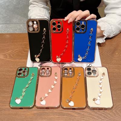 China Heart Wrist Chain Bracelet Strap Shockproof Hanging Phone Case For Apple iPhone 13 pro 12 11 Max XS Max Plating Back Cover for sale