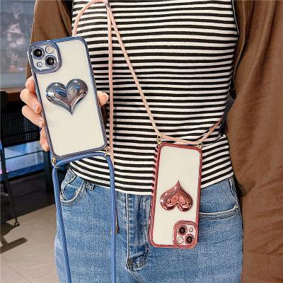 China Luxury Shockproof 3D Plating Heart Love Clear Phone Case For iPhone 13 pro 12 11 max pro Max Lanyard Hanging Rope Cover for sale