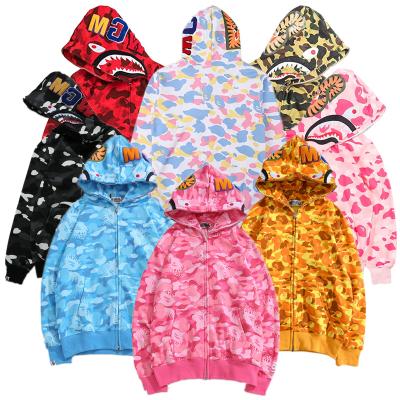 China bape high quality anti-wrinkle drop sleeve gym hoodie unisex winter long zip up full camouflage shark hoodie for men for sale