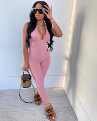 China 2021 summer anti-pilling jumpsuit v neck pink backless bodycon halter top ribbed one piece jumpsuit pants women for sale