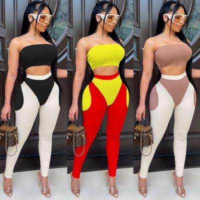 China 2021 fall rib tube anti-pilling upper patchwork 2 piece sets knit two-piece fashion pants set women for sale