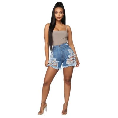 China 2021 Summer Breathable Height Waist Distressed Biker Shorts Blue Ripped Cut Up Denim Shorts Women for sale