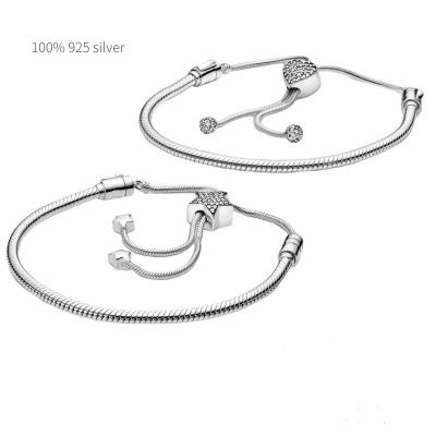 China Original European Sparkle Moments Pave Star Heart Clasp Snake Chain Slider Bracelet 925 Silver Adjust Bracelet Fit Women DIY Jewelry for sale