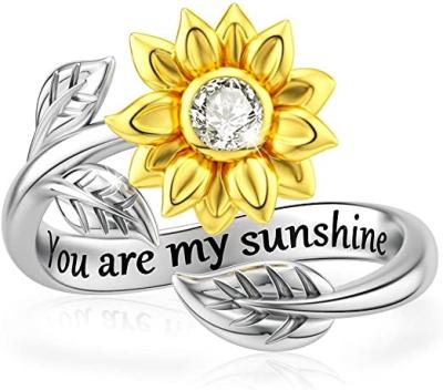 China Antioxidation & no fade women 925 Sterling Silver You are my sunflower CZ engagement eternity adjustable size wedding bridal ring for sale