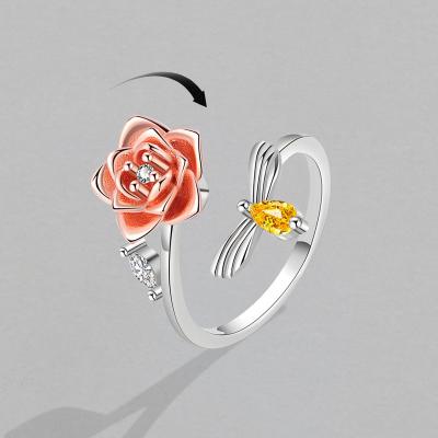 China Antioxidation & Don't Fade New Women European Jewelry 925 Silver CZ Adjustable Ring Rose Rotating Flower Ring Fit Lady Gift for sale