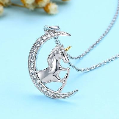 China CLASSIC S925 Sterling Silver Moon Pegasus Pendant Necklace with Exquisite Shining Zirconia Moon Women Jewelry Gift New for sale