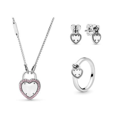 China FASHIONABLE 925 Sterling Silver Heart Shaped Charm Padlock Jewelry Ring Earring Necklace Set Plated Heart Lock Pattern For Lady for sale