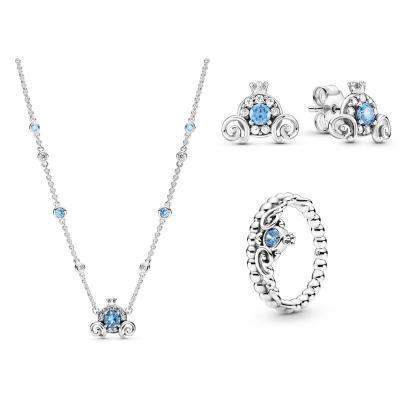 China FASHIONABLE 925 Sterling Silver Cinderella Pumpkin Cart Women's Hand-finished Jewelry Set Blue Stone Necklace & Earrings & Ring for sale