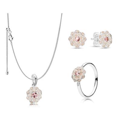 China FASHIONABLE 925 Sterling Silver Dahlia Stud Earring Cream Blooming Enamel and Blush Pink Crystals Necklace Jewelry Set for Lady for sale