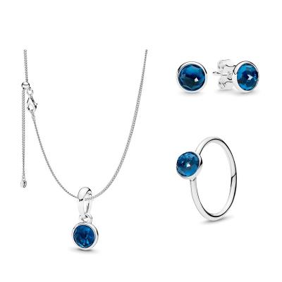 China FASHIONABLE Droplet 925 Sterling Silver Women's Jewelry Set Blue Crystal Symbol Peace Stone Necklace & Earrings & Ring for sale