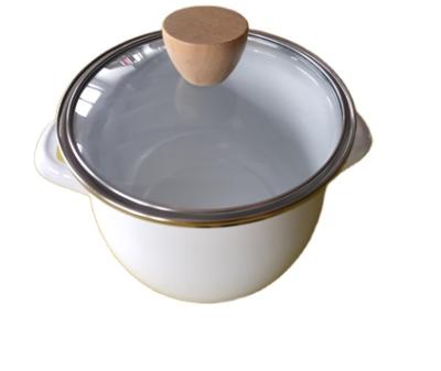 China Sustainable Cooker Kitchen Cookware Camping Pot Set Pot with Glass Lid Enameled Steel Cookware Wooden Handel for sale