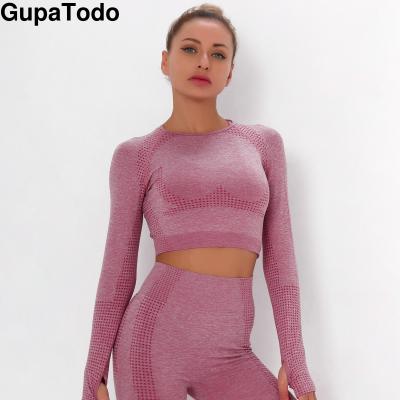 China Sports 2021 Long Sleeve Yoga Fitness Gym Breathable Yoga Top Seamless Apparel Running Yoga Top Wear For Women for sale